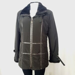Basler black faux fur trimed jacket with faux leather trim size medium